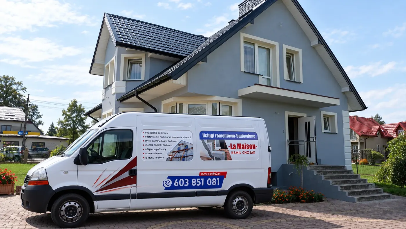 Firmowy bus La Maison z numerem 603 851 081 przed domem z szaroniebieską elewacją
